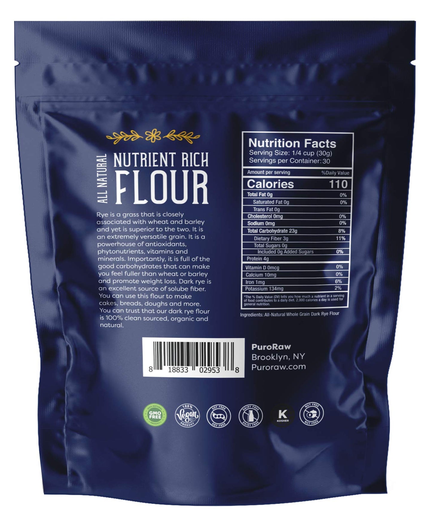 Dark Rye Flour, 2Lbs, Dark Rye Flour For Bread Machine, Pumpernickel Flour, Whole Rye Flour For Baking, Rye Bread Flour, Pumpernickel Meal, Non-Gmo, Batch Tested, Product Of Canada, By Puroraw.