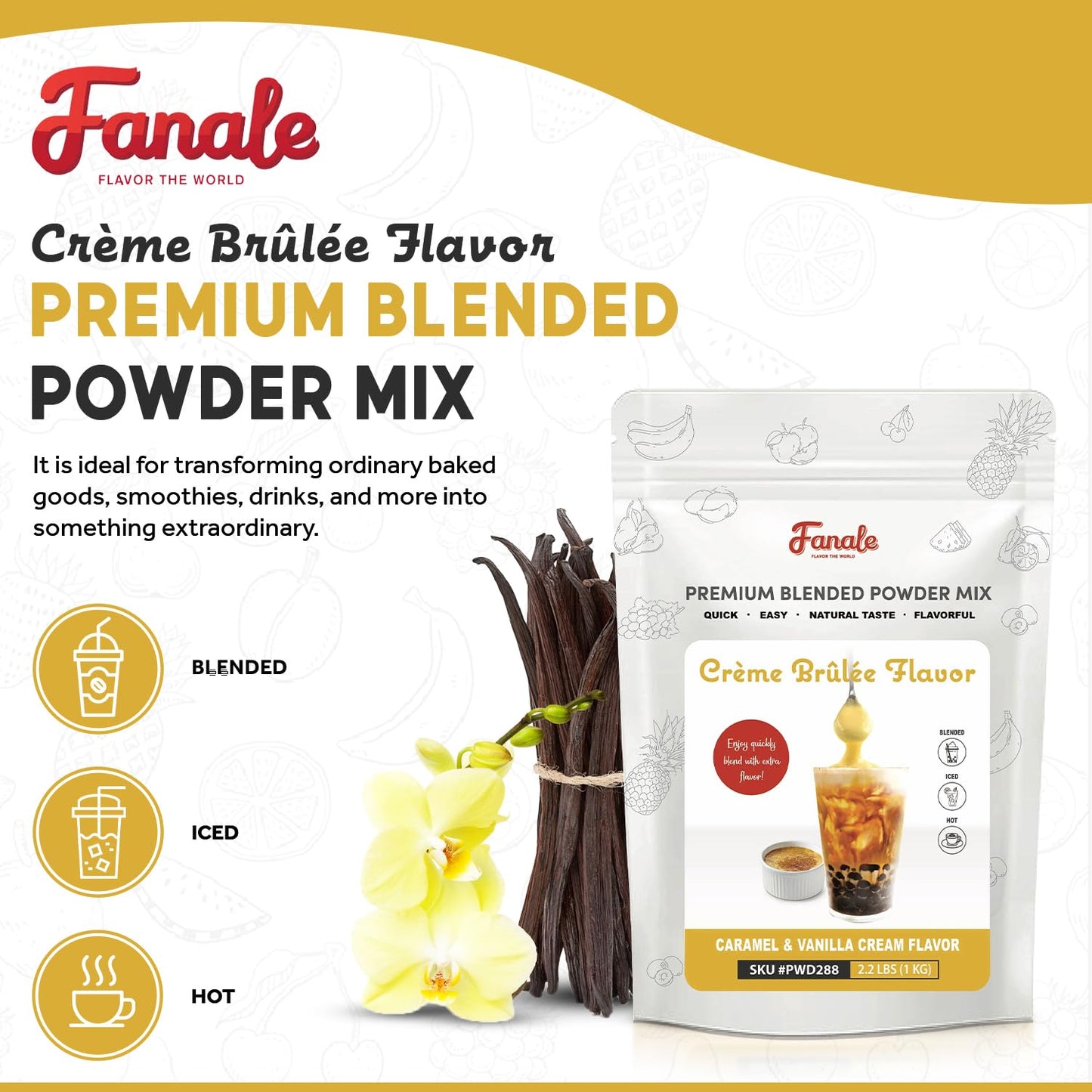 Fanale Bubble Tea Flavoring Powder, Creme Brulee, 2.2 lb, Light Brown, Model PWD288