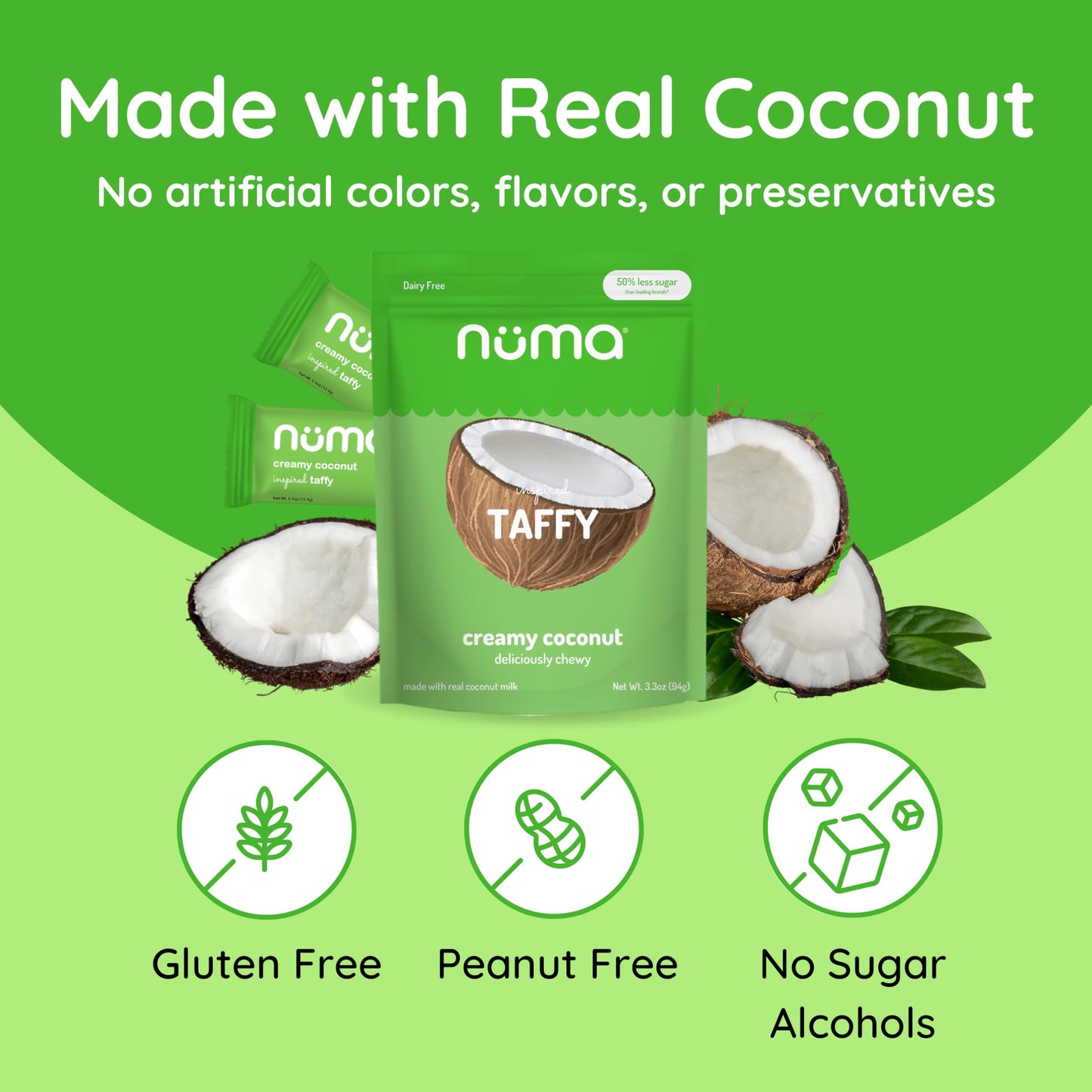Numa Foods Creamy Coconut Taffy Candy - Dairy Free, Low Sugar Candy - Low Calorie & All Natural Chewy Snack With Real Mct-Rich C