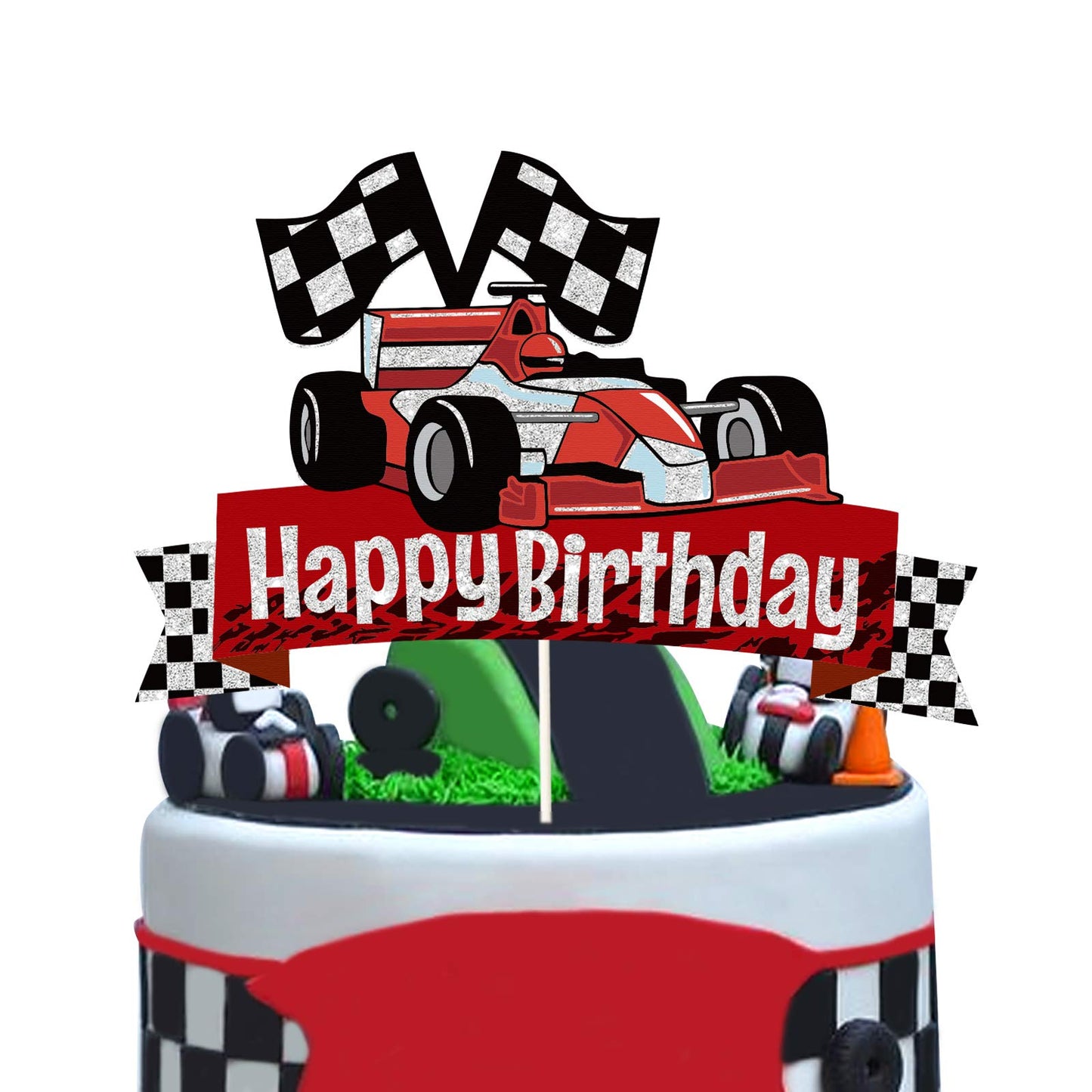 EQ EvaIrisQing Glitter Race Car Cake Topper - Racing Car Theme Party Supplies, Paper Material, Happy Birthday Decor for Boys and Girls