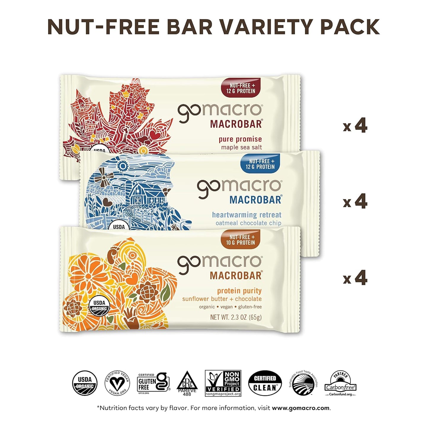 Gomacro Macrobar Organic Vegan Protein Bars, Nut Free Variety Pack, 2.3 Oz, 12 Count