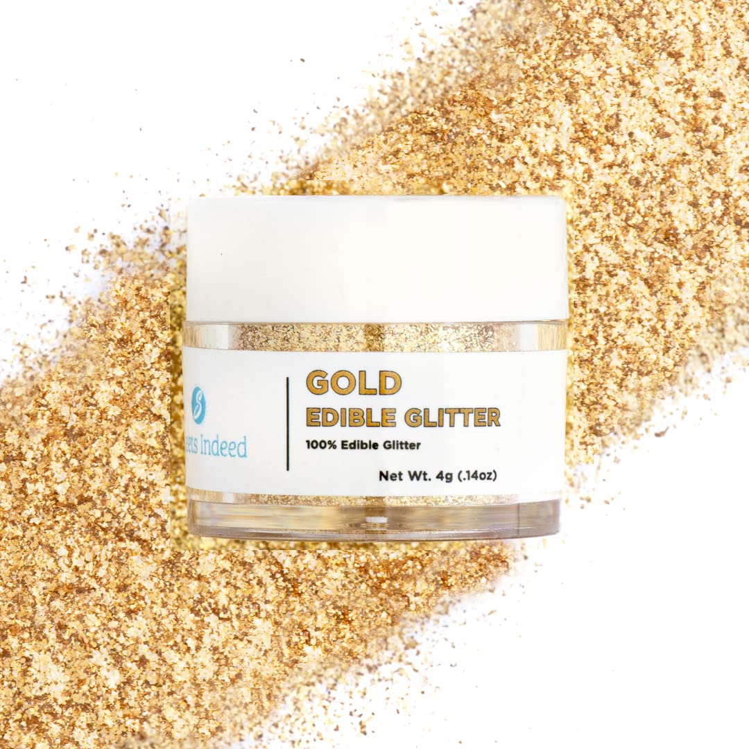 Sweets Indeed Edible Glitter - Food-Grade Drink & Baking Shimmer For Mixed Flavors  Beverages  Cakes & Desserts - 4G Jar (Dye Free Gold)
