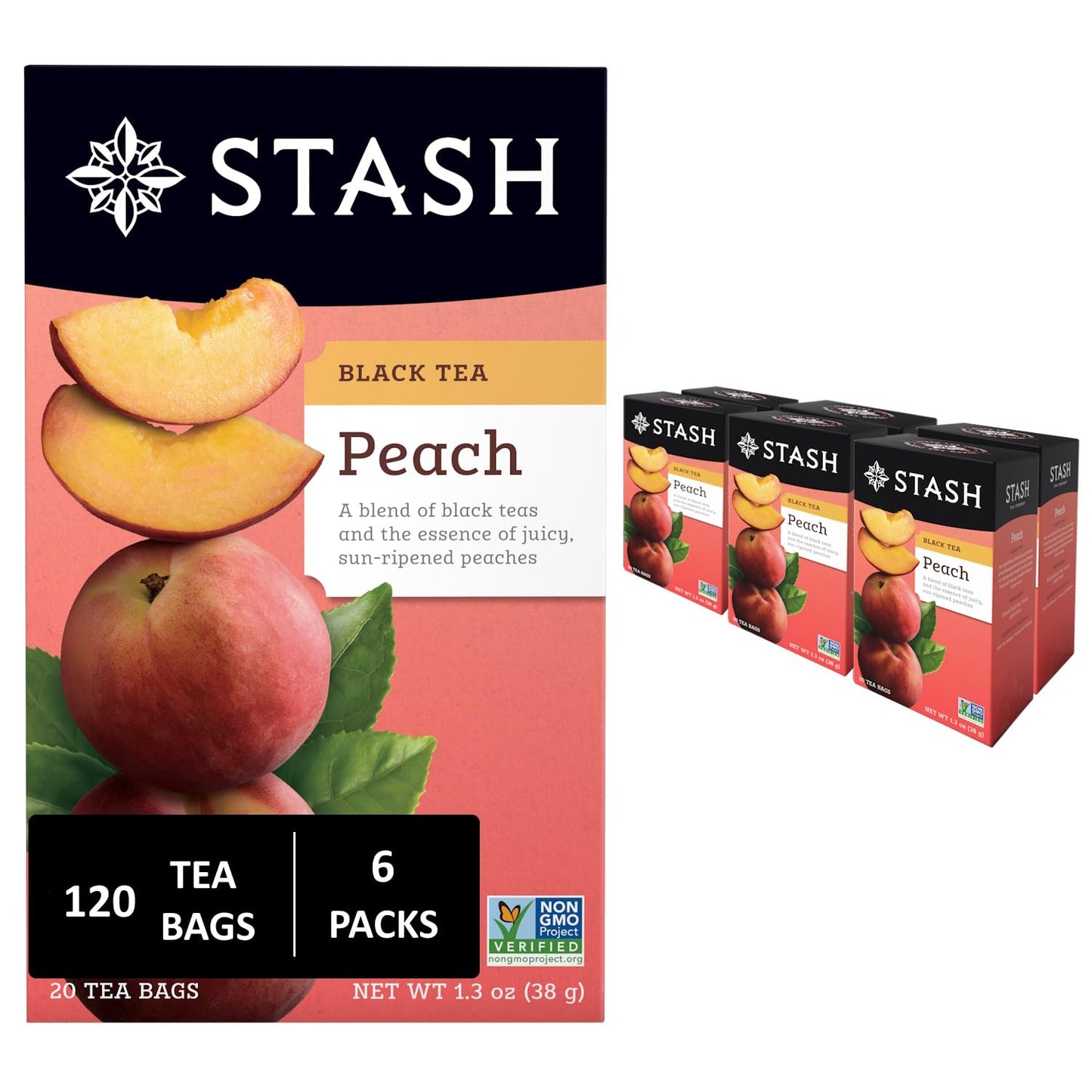 Stash Peach Black Tea, 20 Count (Pack of 6), 120 Tea Bags Total, Model 08255