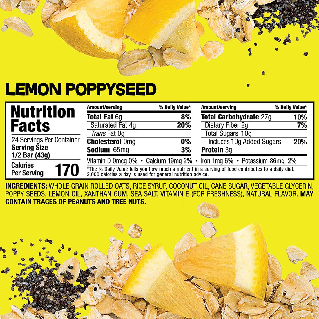 Bobos Oatmeal Bars, Lemon Poppyseed, Gluten Free, Vegan, Whole Grain, Pack of 12