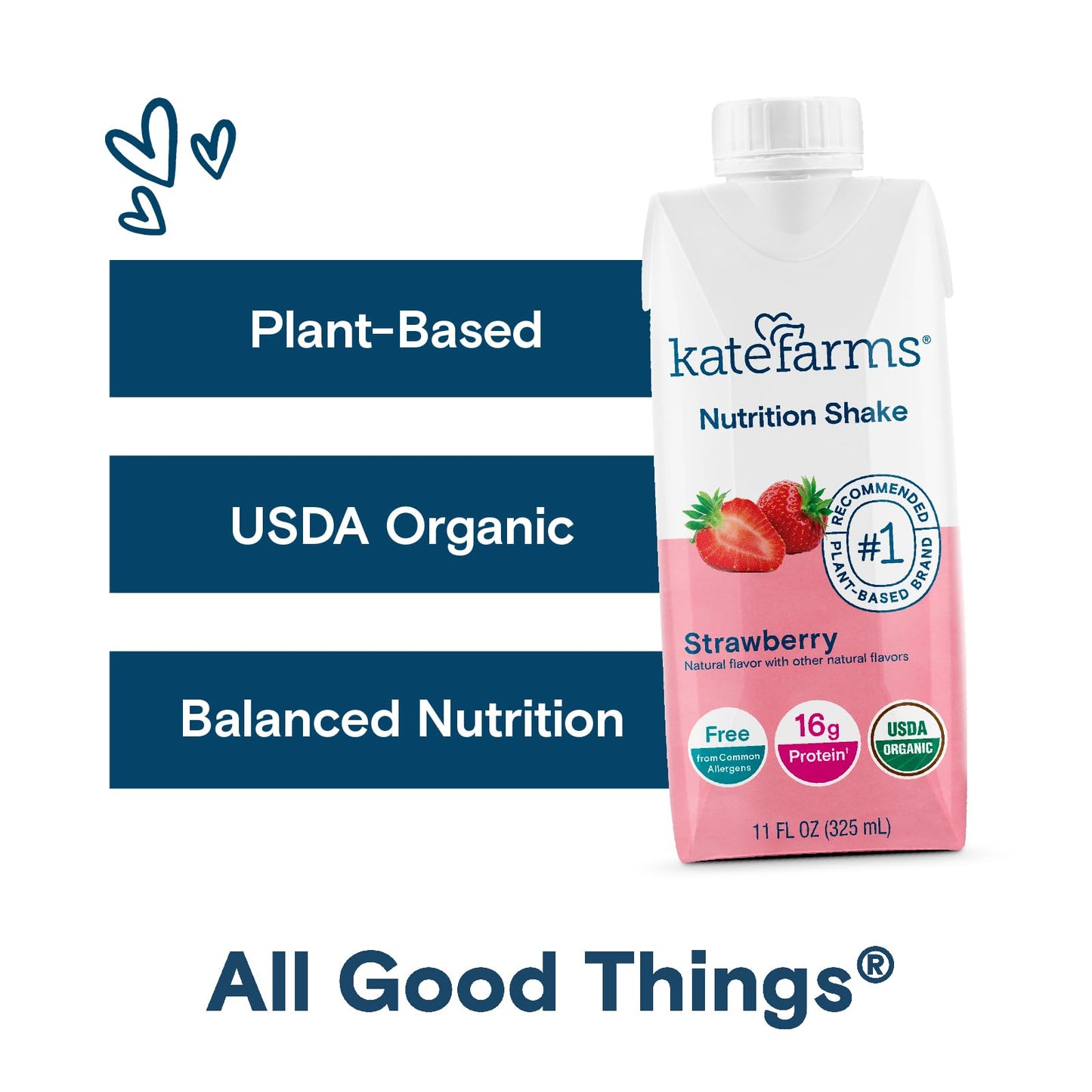 Kate Farms Organic Nutrition Shake, Strawberry, 16g Protein, 27 Vitamins & Minerals, 11 Fl Oz (Pack of 6)