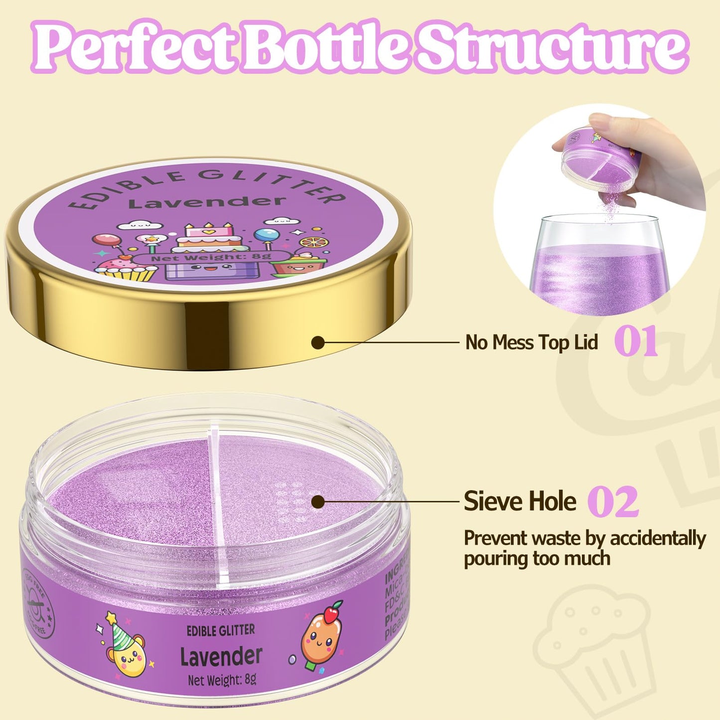 Nomeca Edible Glitter for Drinks & Cakes, 8g Food Grade Luster Dust, 10-Lavender