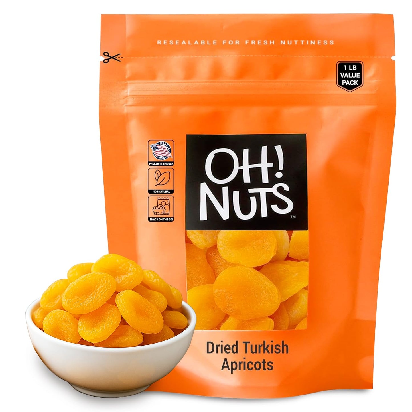Oh! Nuts Dried Apricots Turkish - 1 lb - Dried Fruit - No Sugar Added - Dehydrated Fruit Bites - Packed in New York Zip-Seal Bag