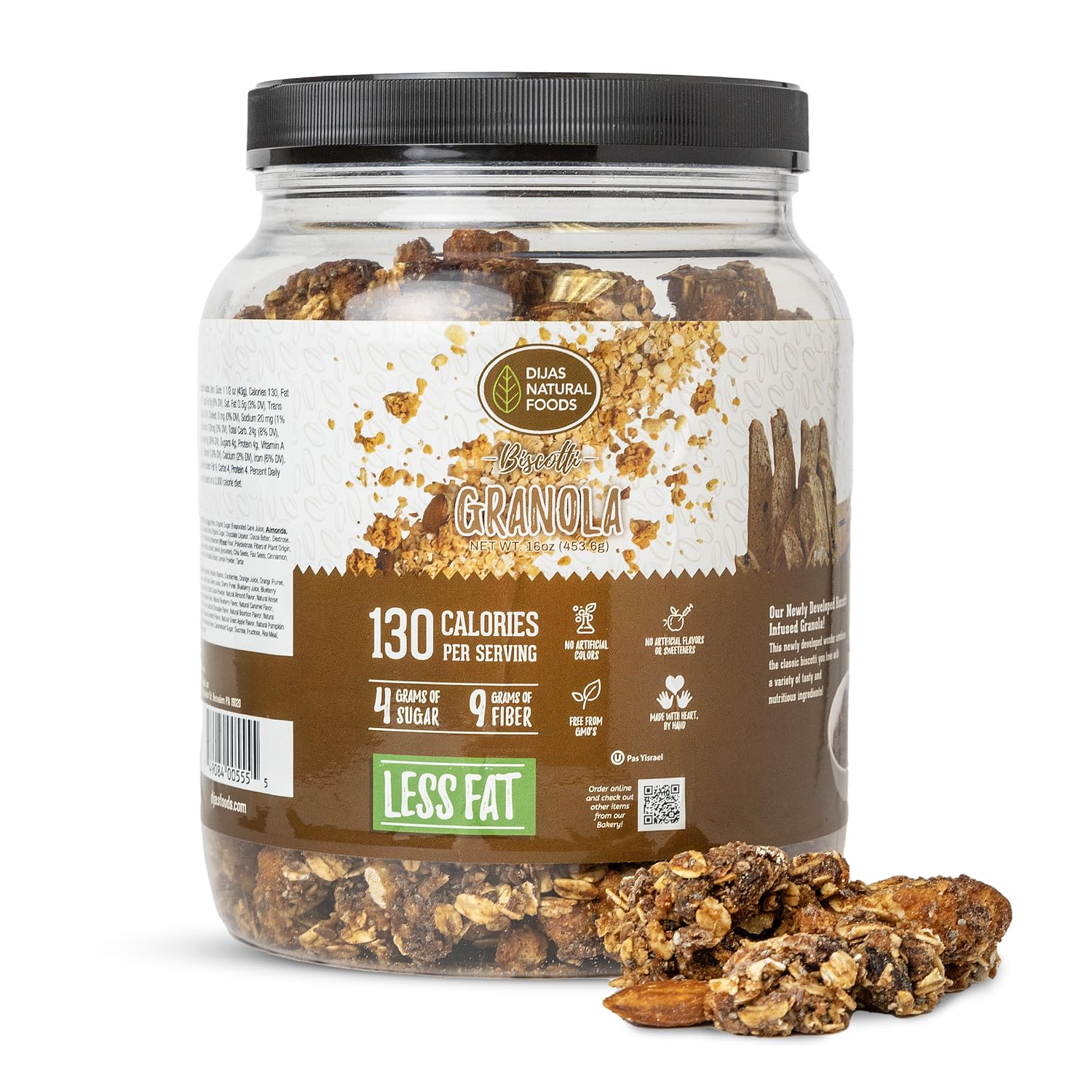 DIJAS Natural Foods, Low Fat Biscotti Granola, All Natural Preservative Free Ingredients, Delicious Low Calorie Snack (16 oz, Gr