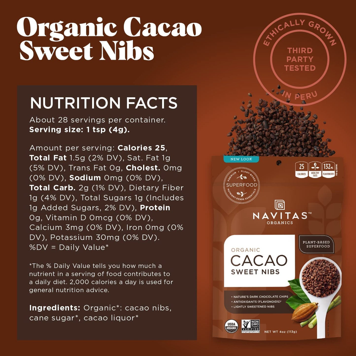 Navitas Organics Cacao Sweet Nibs, 4oz. Bag, 28 Servings - Organic, Non-GMO, Gluten-Free