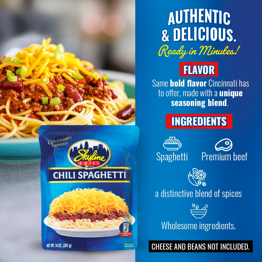 Skyline Chili & Spaghetti - Cincinnati Style - Authentic Recipe In Microwavable Pouches, Ideal For Cheese Coneys & Hot Dogs - Cl