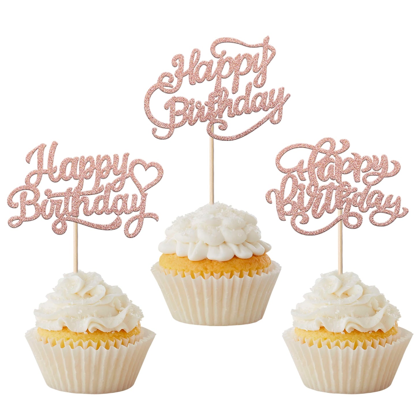 YCTHUNFISH 30 Pack Cupcake Toppers - Glitter Rose Gold Bamboo Picks for Birthday Party Decorations