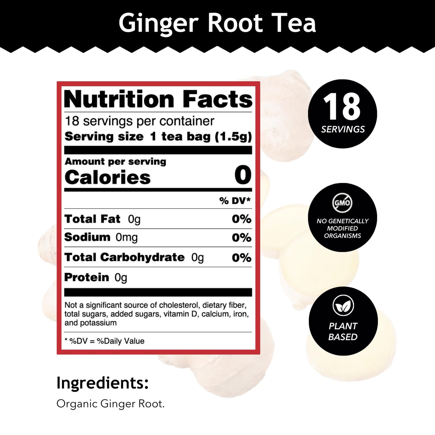 Buddha Teas Organic Ginger Root Tea - Caffeine-Free, Kosher - 18 Bleach-Free Tea Bags - 18 Count