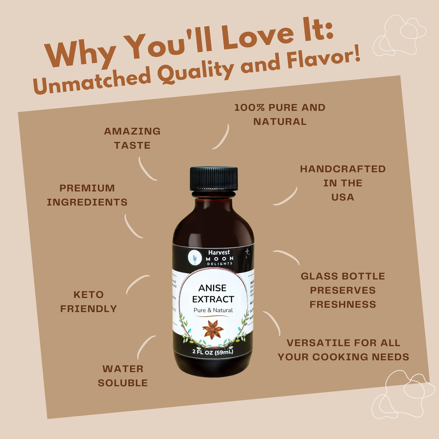 Pure Anise Extract - 2 Oz - Water-Soluble - By Harvest Moon Delights - Anise Extract For Baking, Ice Cream, Drinks, And Candy
