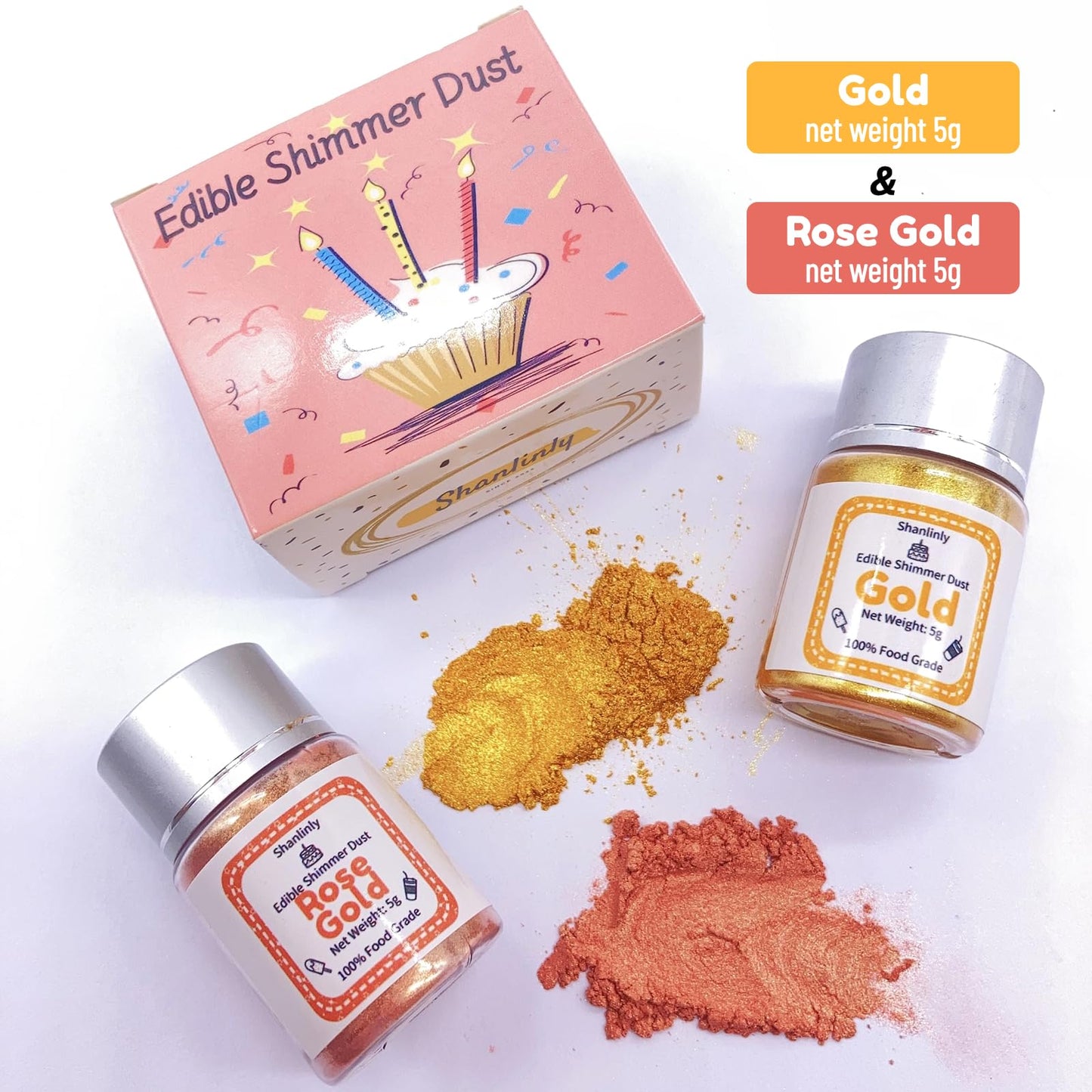 Gold Rose Gold Luster Dust Edible Glitter Drinks Set - Food Grade Cake Dust Shimmer Powdered, Vegan Edible Metallic Powder Food