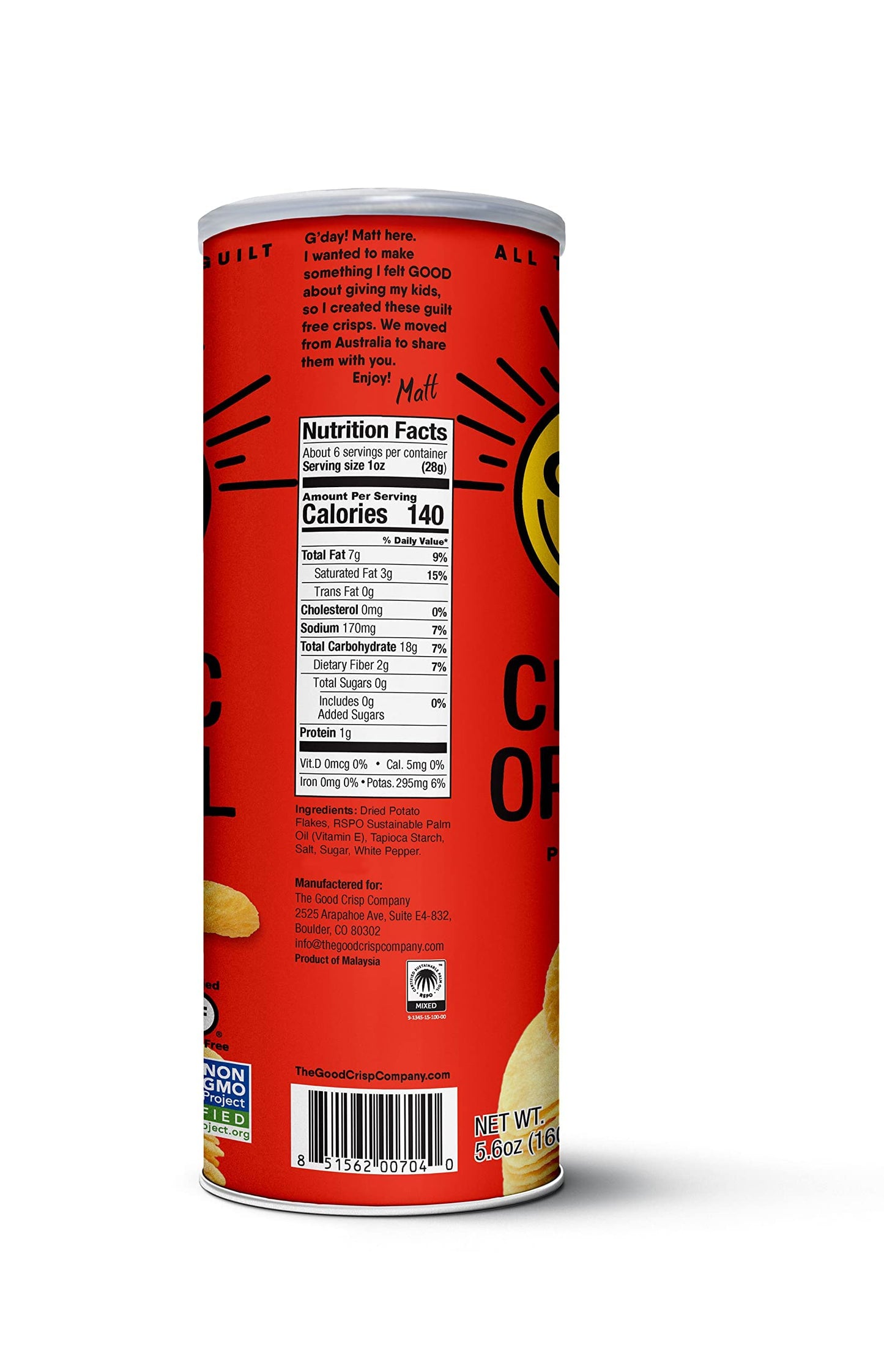The Good Crisp Company, Original Gluten Free Potato Chips (5.6 Ounce Canisters, Pack Of 8), Non-Gmo, Allergen Friendly, Potato Chip Snack Pack, Gluten Free Snacks