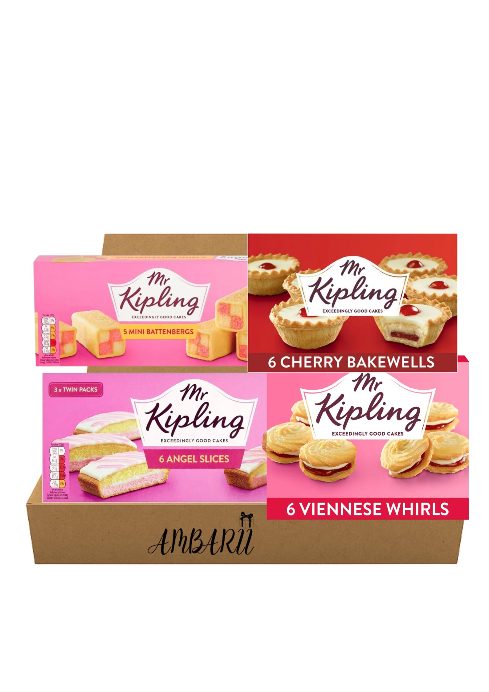 AMBARII Mr Kipling Variety Pack, 4 Pack, Mini Batternberg, Cherry Bakewell, Angel Cake, Viennese Whirls, Cake Variety Pack