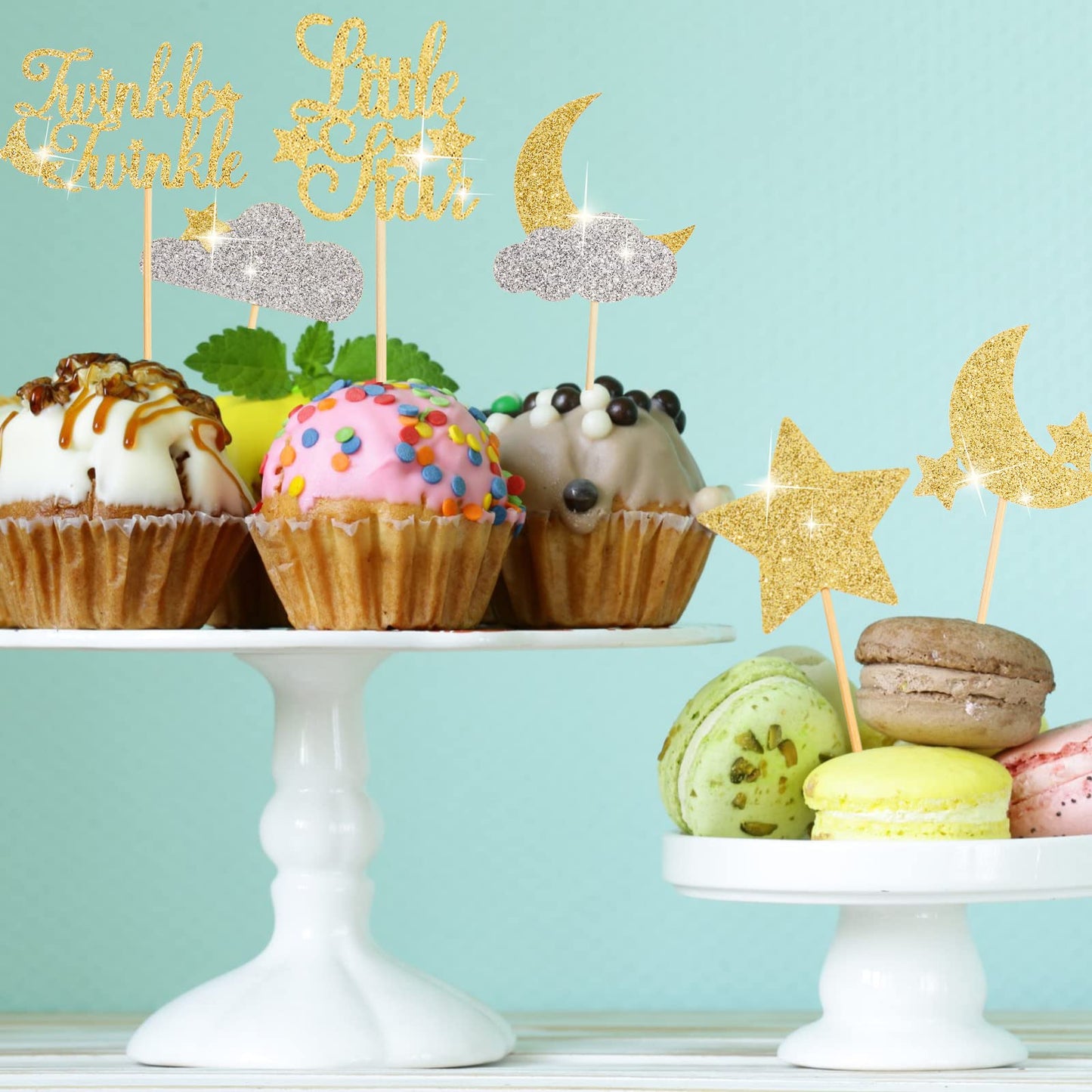Henoyso Cupcake Toppers 48 Pcs Glitter Star and Moon Picks Gold Silver Bamboo Cardstock Baby Shower Wedding Party Decorations