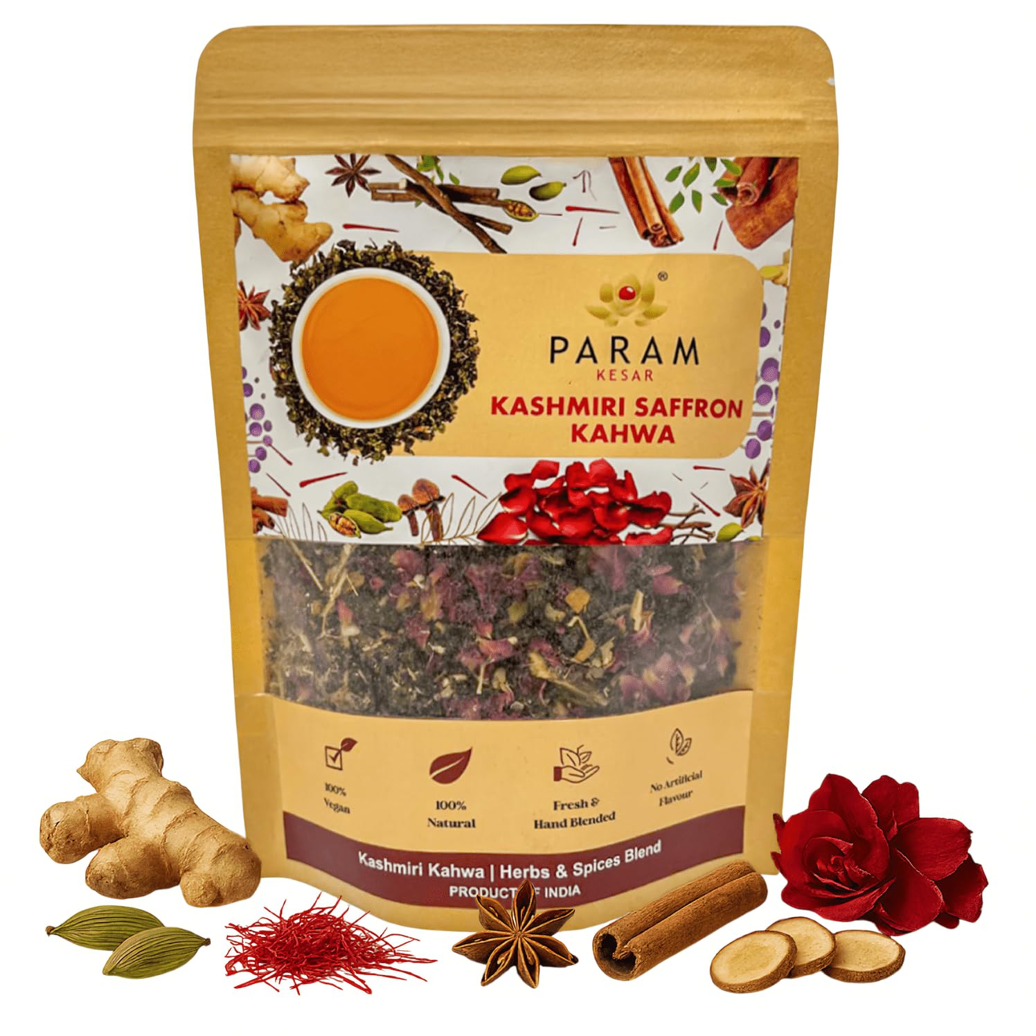 Param Kesar Organic Saffron Cardamom Cinnamon Herbal Green Tea | Detox & Digestive Support | Aromatic Indian Spice Blend With Rose & Licorice | 100G Loose Leaf Tea