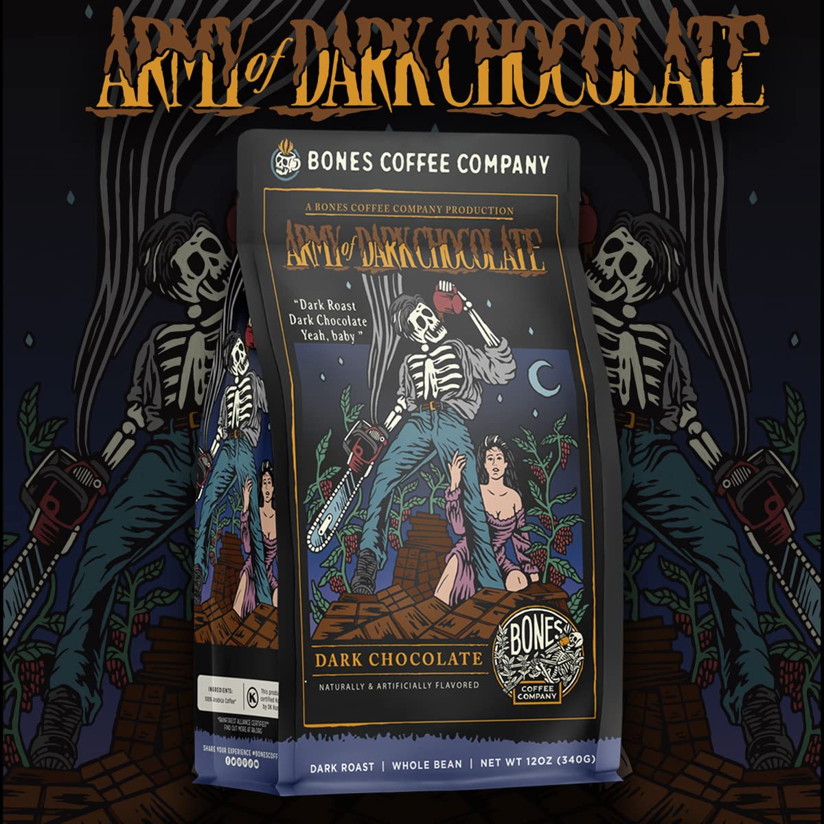 Bones Coffee Company Army Of Dark Chocolate Whole Coffee Beans, Dark Chocolate Flavor Low Acid Flavored Coffee, Made with Arabic