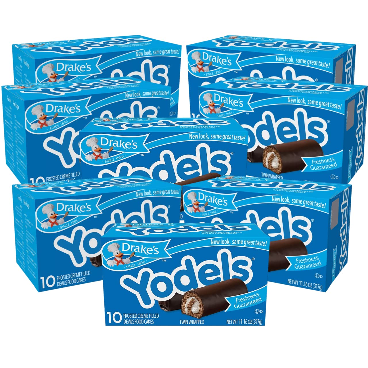 Drakes Cakes Yodels, 10 cakes per box, 11.16 oz of Rolled Devils Food Cakes (8-Boxes)