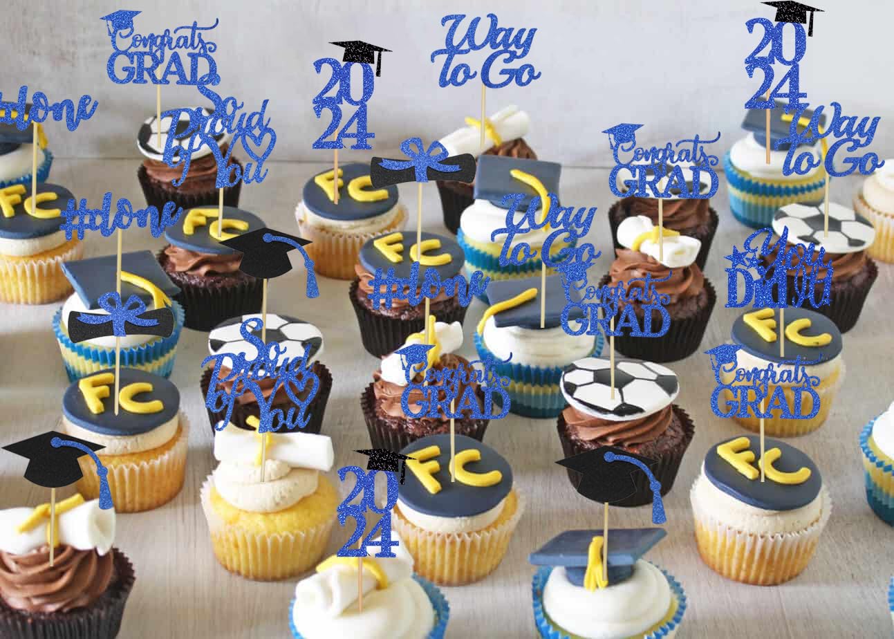 Graduation Cupcake Toppers 2024 Blue, Glitter Class Of 2024 Cupcake Toppers Supplies, Class Of 2024 Congrats Grad Cap Diploma Cu