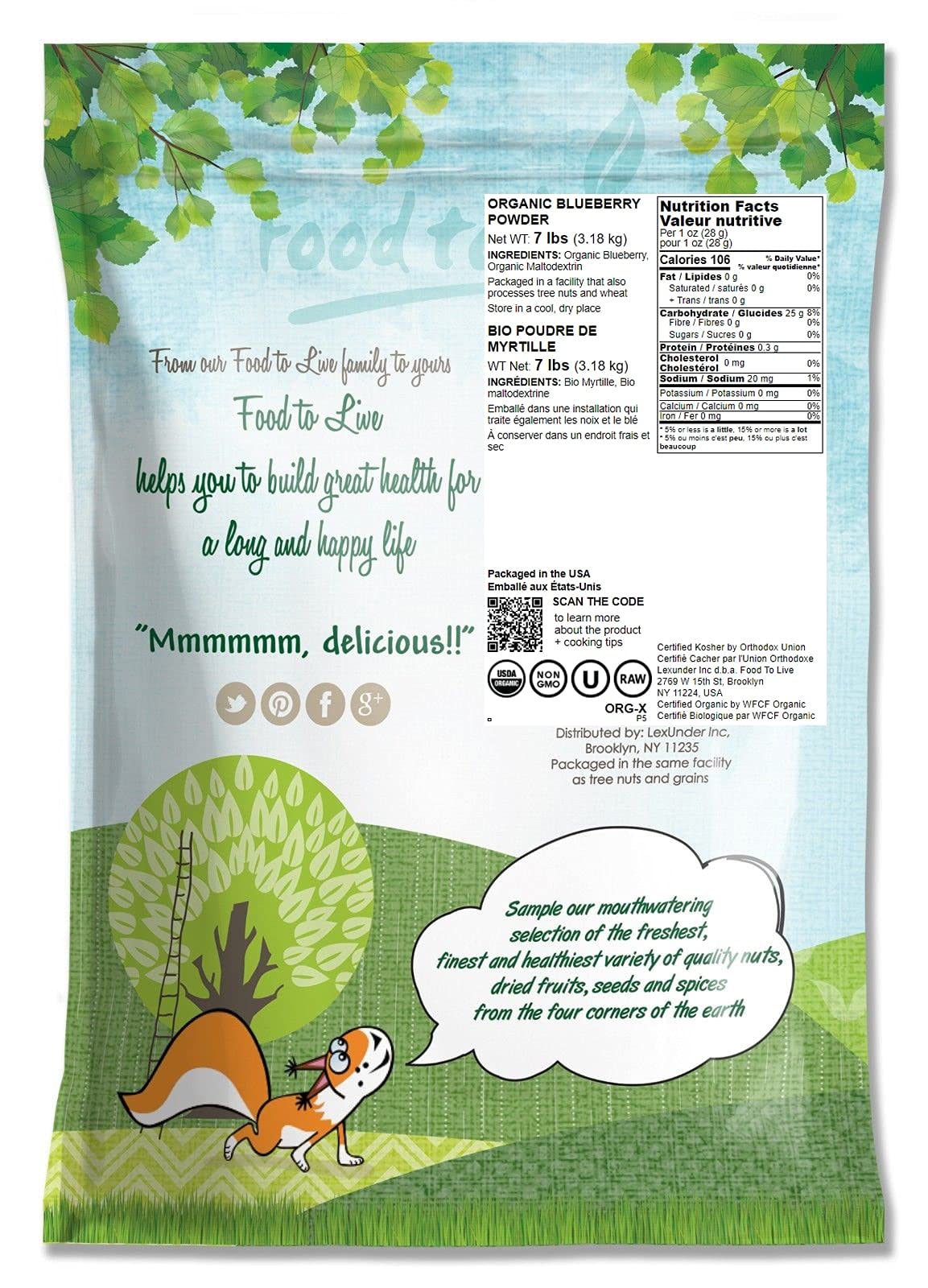 Food to Live Organic Blueberry Powder, 7 Pounds - Non-GMO, Unsulfured, Raw, Vegan, Bulk, Great for Juices, Smoothies, and Instan