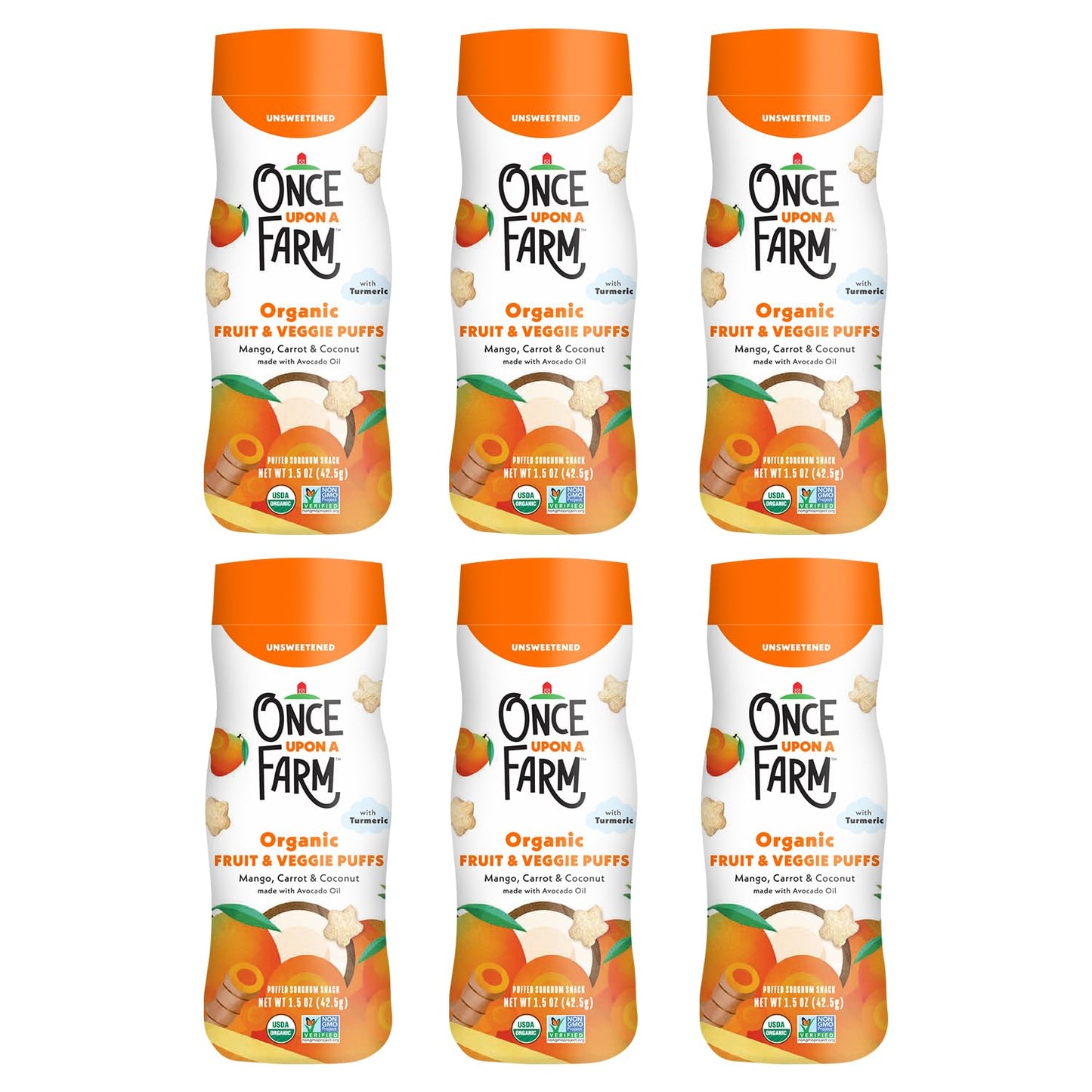 Once Upon A Farm Organic Baby Fruit & Veggie Puffs, Mango, Carrot & Coconut | 6 Count