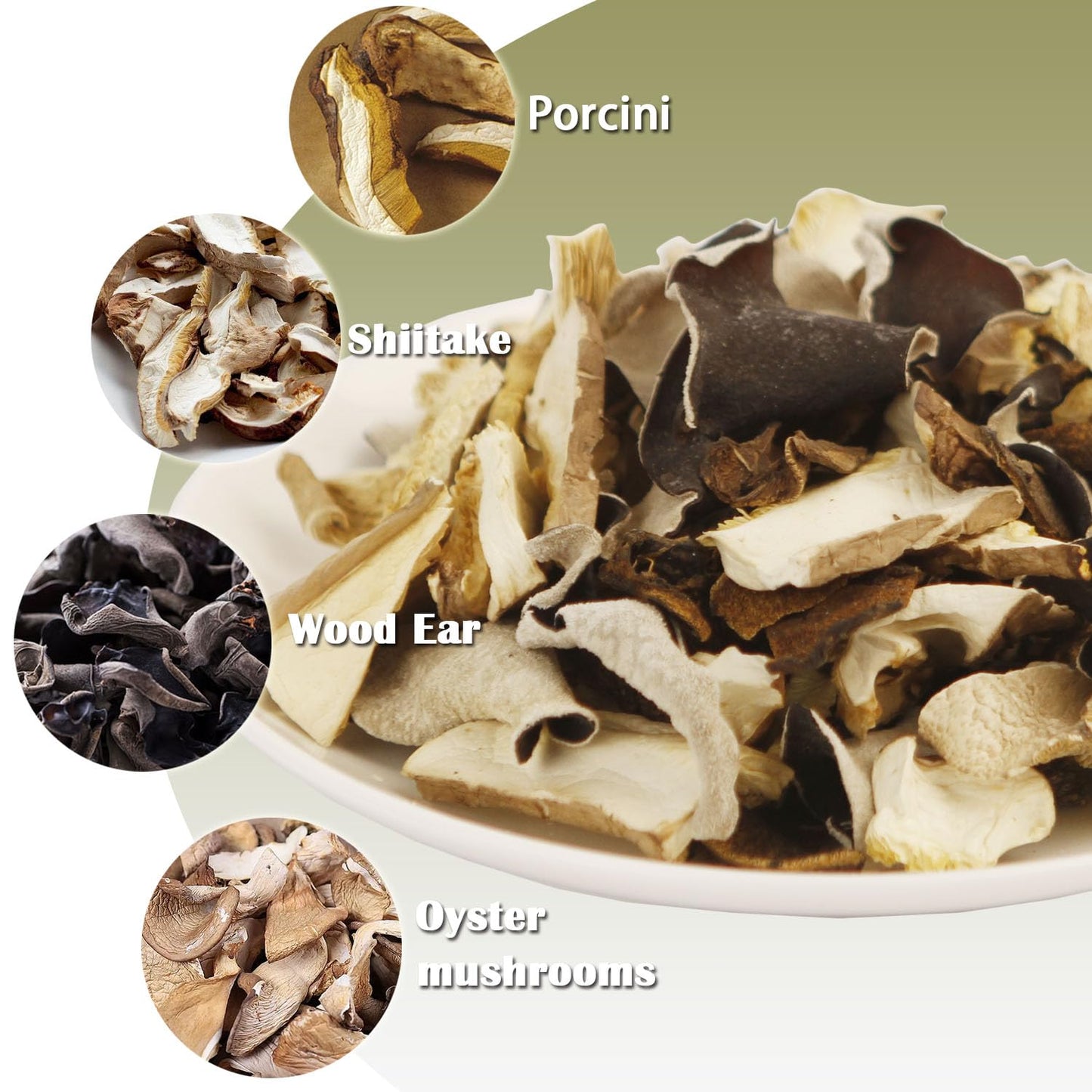 Vigorous Mountains Dried Mixed Mushrooms Blend Including Porcini Shiitake Oyster Woodear Mushrooms 4.23Oz, Soft Texture Bold Flavor Vegan Food For Cooking 120G