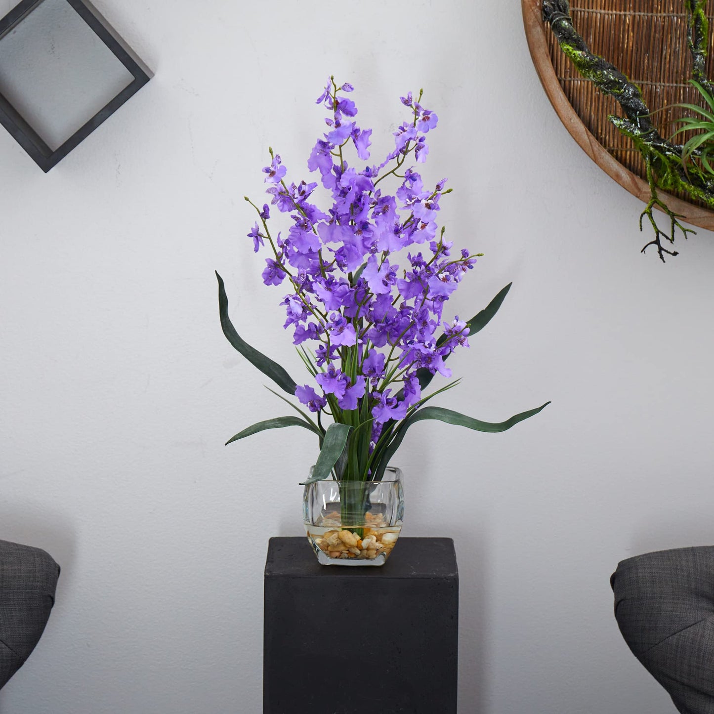 Nearly Natural 19In Artificial Dancing Lady Orchid Flower Arrangement In Glass Vase With River Rock And Liquid Illusions Compatible With Water, Faux Flower Arrangement For Dining Table Center Piece Or Home Décor
