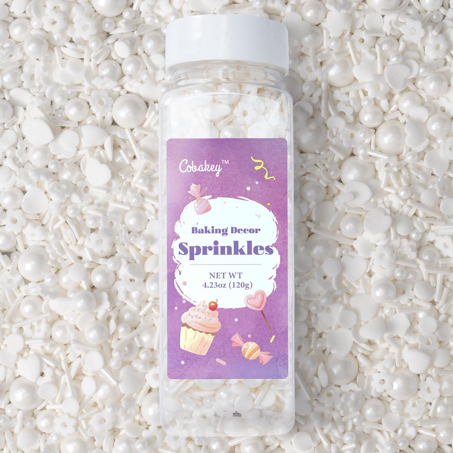 White Lovers Sprinkles For Cake Decorating 4.23Ounce - Sugar Mix Contains Heart & Flowers Pearl Sprinkles For Cupcake Toppers, I