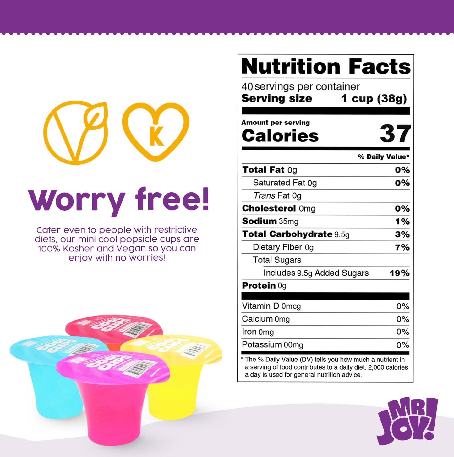MR JOY! Soft Italian Ices Mini Cool Cups Variety Pack - Assorted Flavors - 40 x 1.34oz Cups - Pantry-safe Dessert