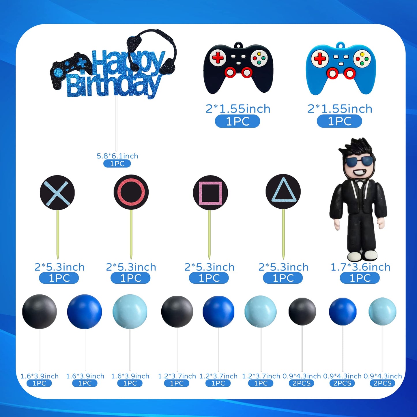 Video Game Cake Toppers Gamer Cake Decoration Game Controller Blue Black Ball Cake Toppers For Game Theme Party Man Boy Birthday