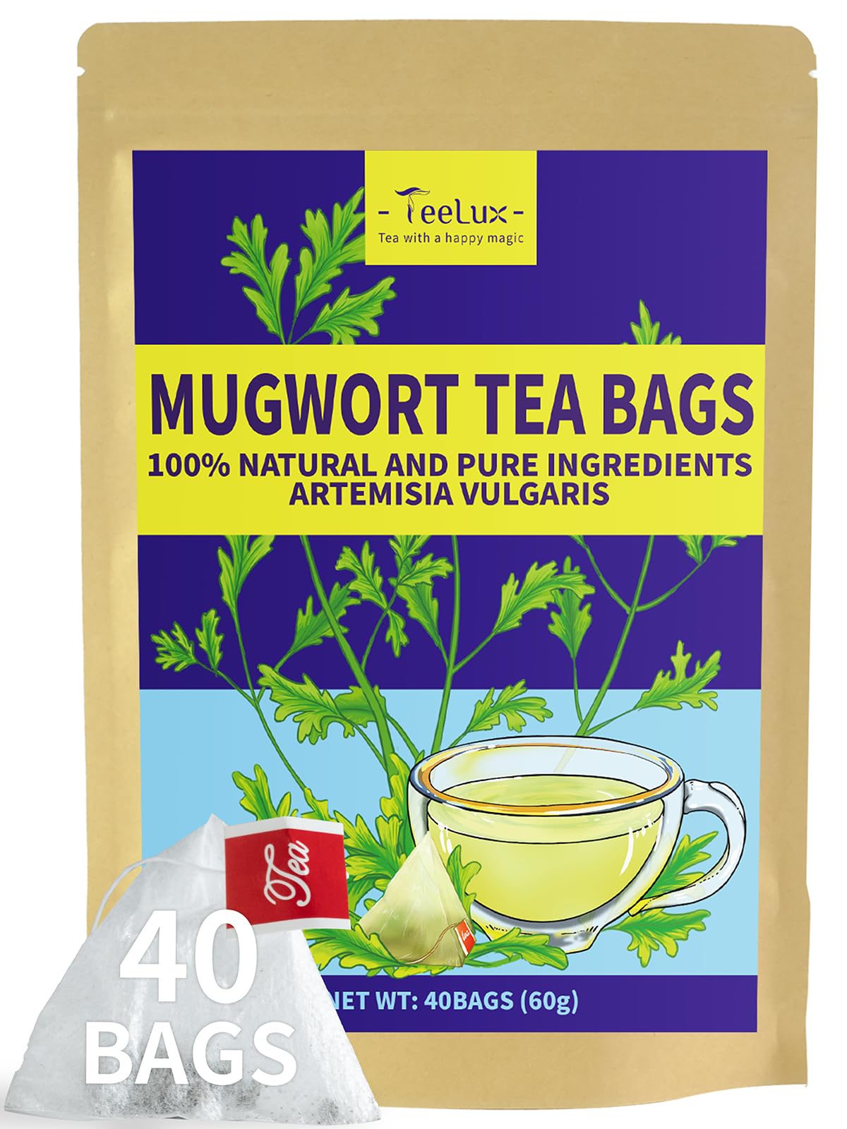 TeeLux Mugwort Tea Bags - Natural Dried Herbal Tea, Caffeine Free, 40 Count