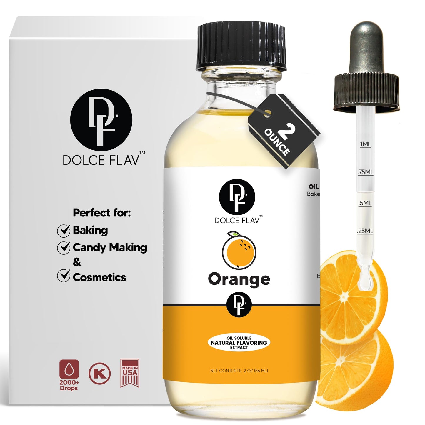 Dolce Flav Natural Orange Extract - Oil-Soluble, Sugar-Free Concentrated Flavor for Candy & Desserts - 2 Oz.