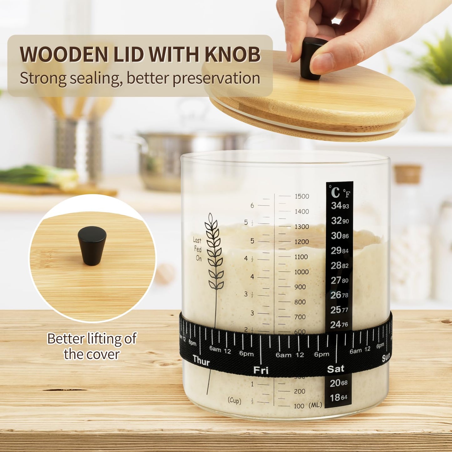 Rakovar Sourdough Starter Jar, 50oz Wide Mouth with Lid, Date Tracker, Black