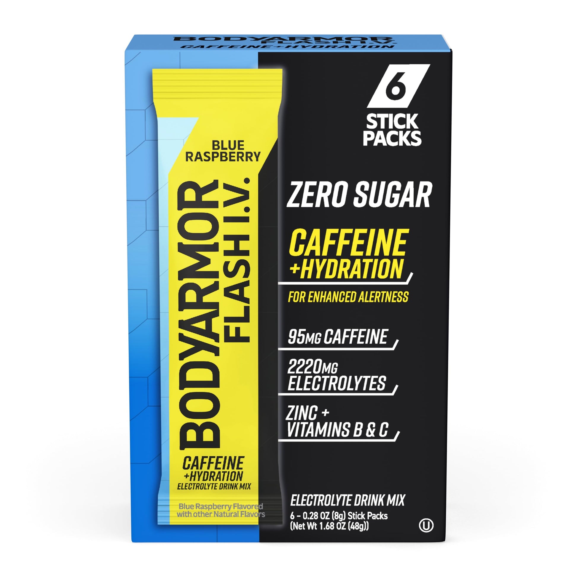 BODYARMOR Caffeinated Electrolyte Packets - Blue Raspberry, Zero Sugar, 1.68 oz, 6 Count, Hydration for Active Lifestyle