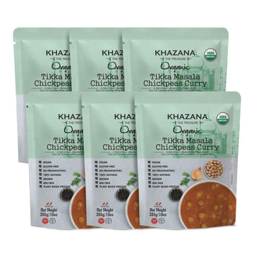 Khazana Organic Ready to Eat Meals - Tikka Masala Chickpeas Curry (Pack of 6, 10oz Pouches) - Non-GMO, Vegan, Gluten Free & Kosh