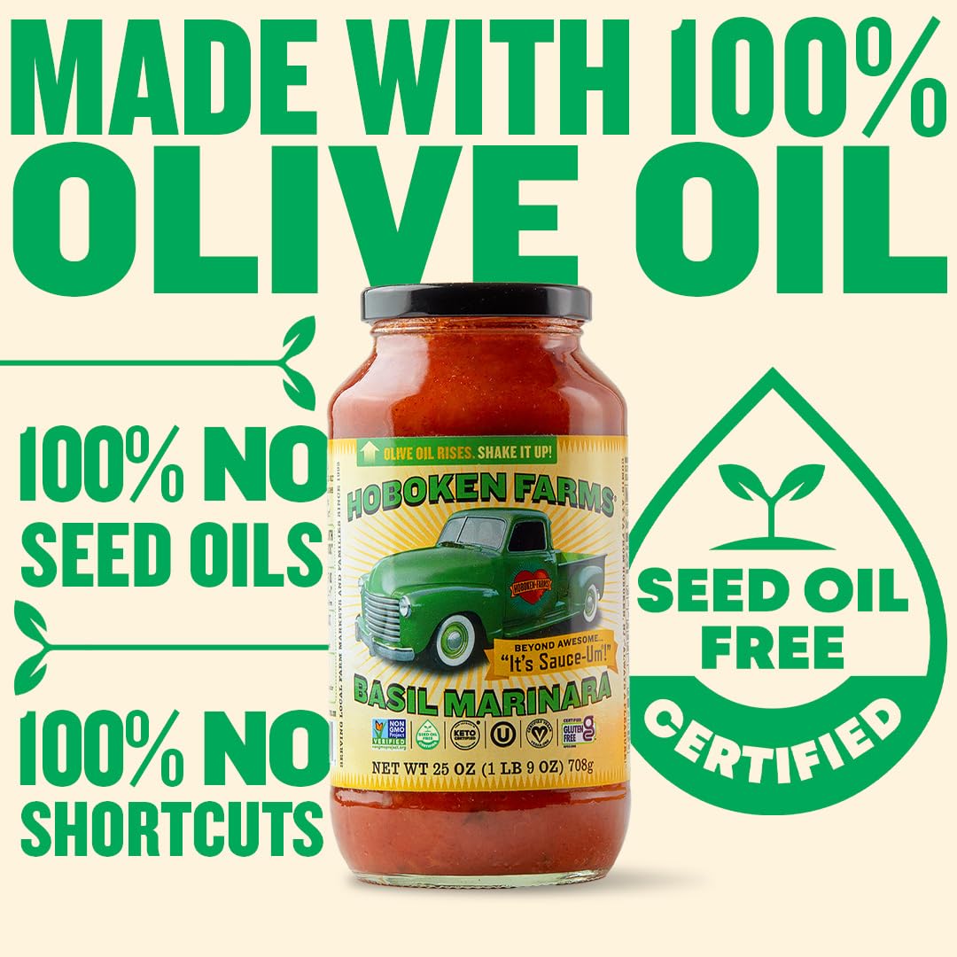 Hoboken Farms Basil Marinara Sauce - No Sugar Added, Low Sodium, Non-GMO, Preservative-Free, Low Carb, Keto - Better For You Pas