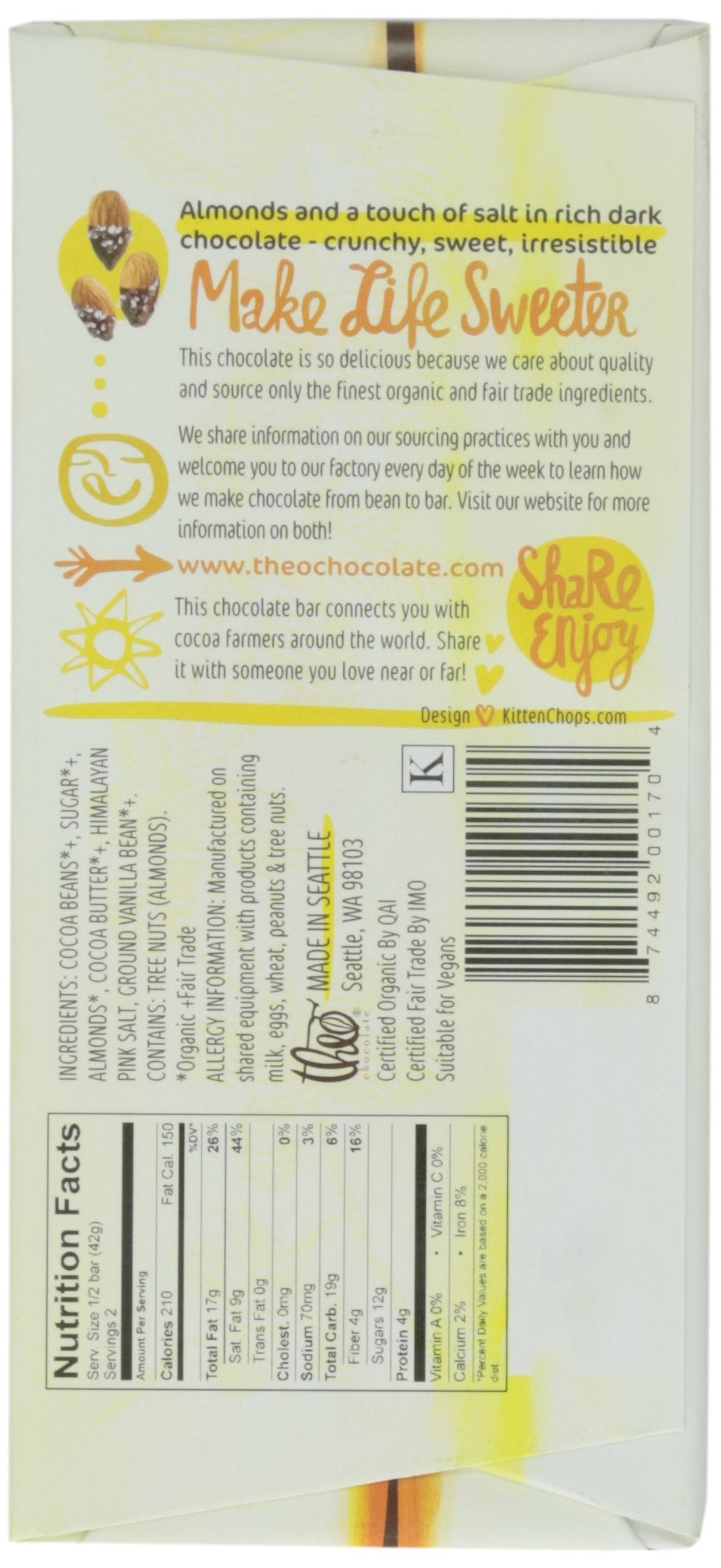 Theo Salted Almond Organic Dark Chocolate Bar, 70% Cacao, 1 Bar | Vegan, Fair Trade