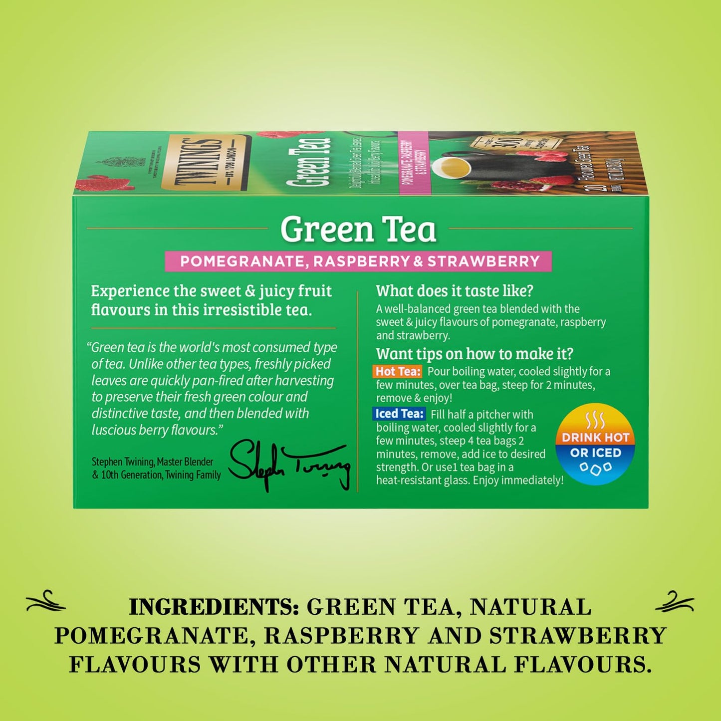 Twinings Green Tea With Pomegranate, Raspberry, And Strawberry - Caffeinated Green Tea Bags Individually Wrapped, 20 Count (Pack