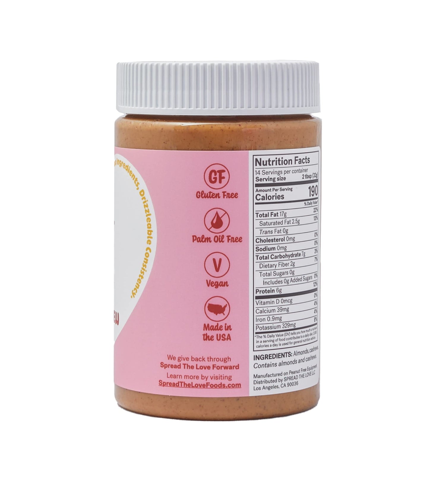 Spread The Love Almond Cashew Power Butter, 16 Ounce (All Natural, Vegan, Gluten-Free, No Salt, No Sugar, No Palm-Oil, No-Gmos)