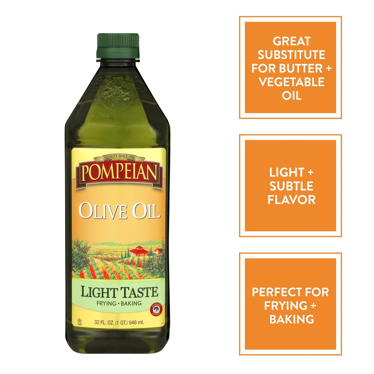 Pompeian Light Taste Olive Oil, Subtle Flavor, Perfect for Frying & Baking, Naturally Gluten Free, Non-Allergenic, Non-GMO, 32 F