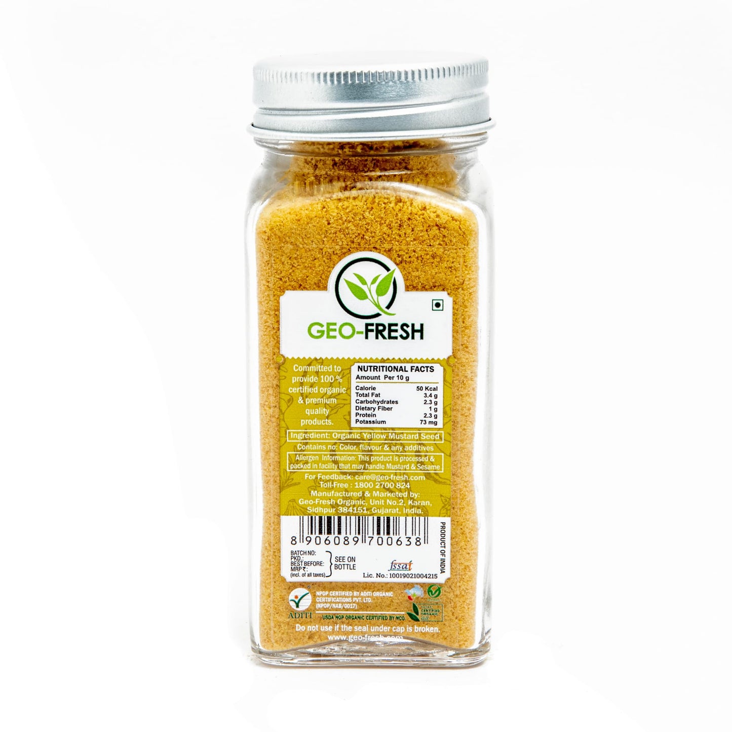 Geo-Fresh Organic Yellow Mustard Ground 1.76 Oz (50G), Tangy In Flavour | Dips, Dressings & Marinades | Non-Gmo, Kosher, 100% Or