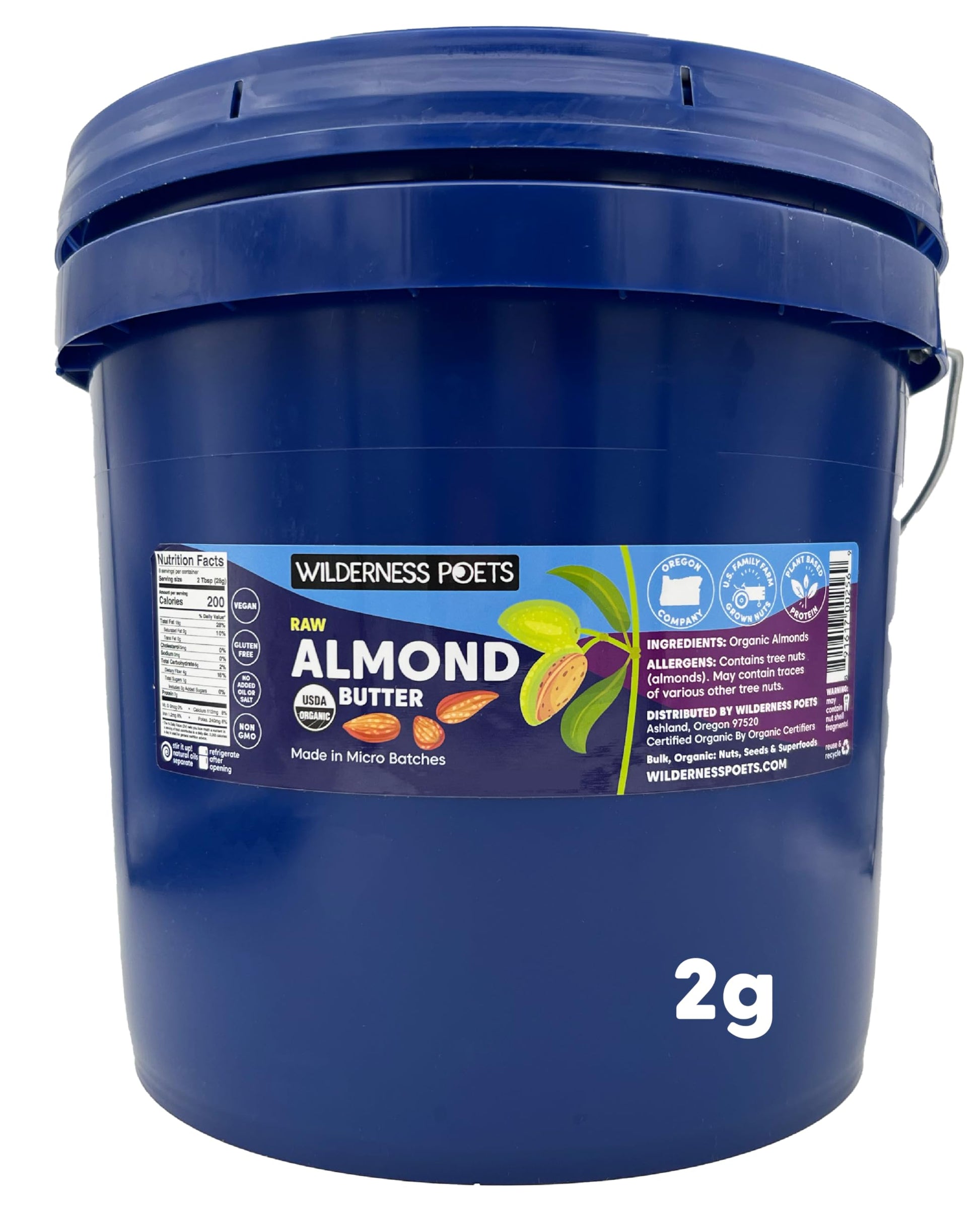 Wilderness Poets Organic Almond Butter - Raw, Unsweetened, Salt-Free, Vegan - 17 Pound (2 Gallon)