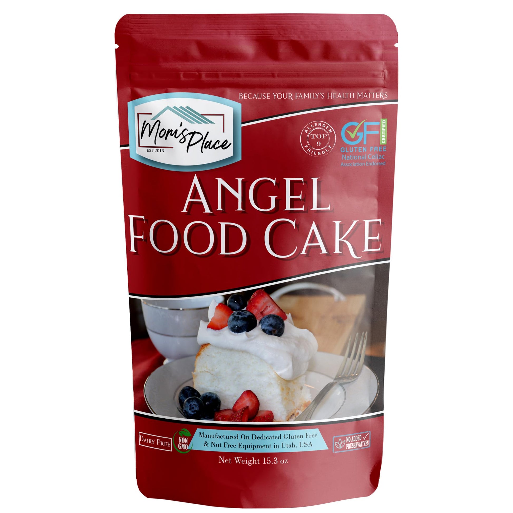 MomS Place Gluten-Free Angel Food Cake Mix  Easy To Make  Nut Free  Dairy Free & Soy Free  12 Servings 15.3 Oz.