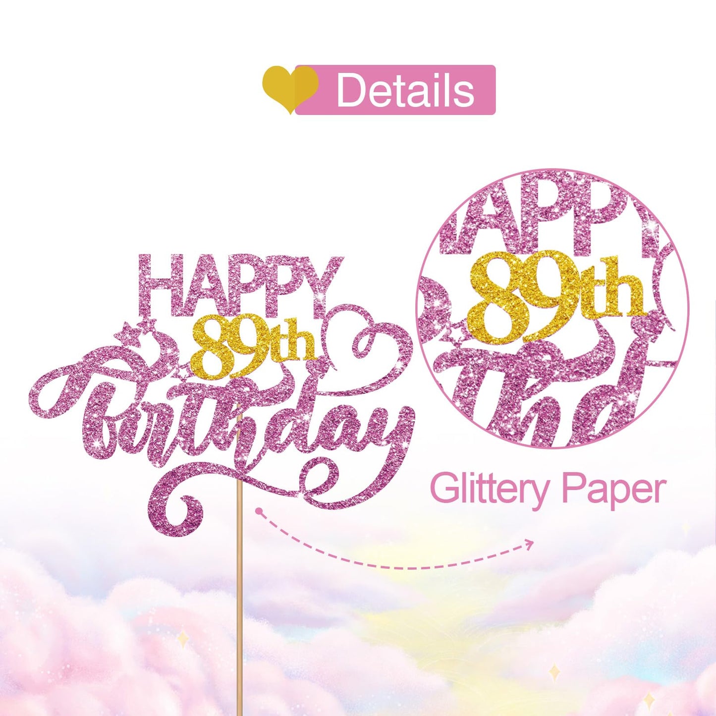 Pink Glitter Happy 89Th Birthday Cake Topper, Eighty Nine Years Old Birthday Party Cake Decor, Gold Number 89 Birthday Party Sup