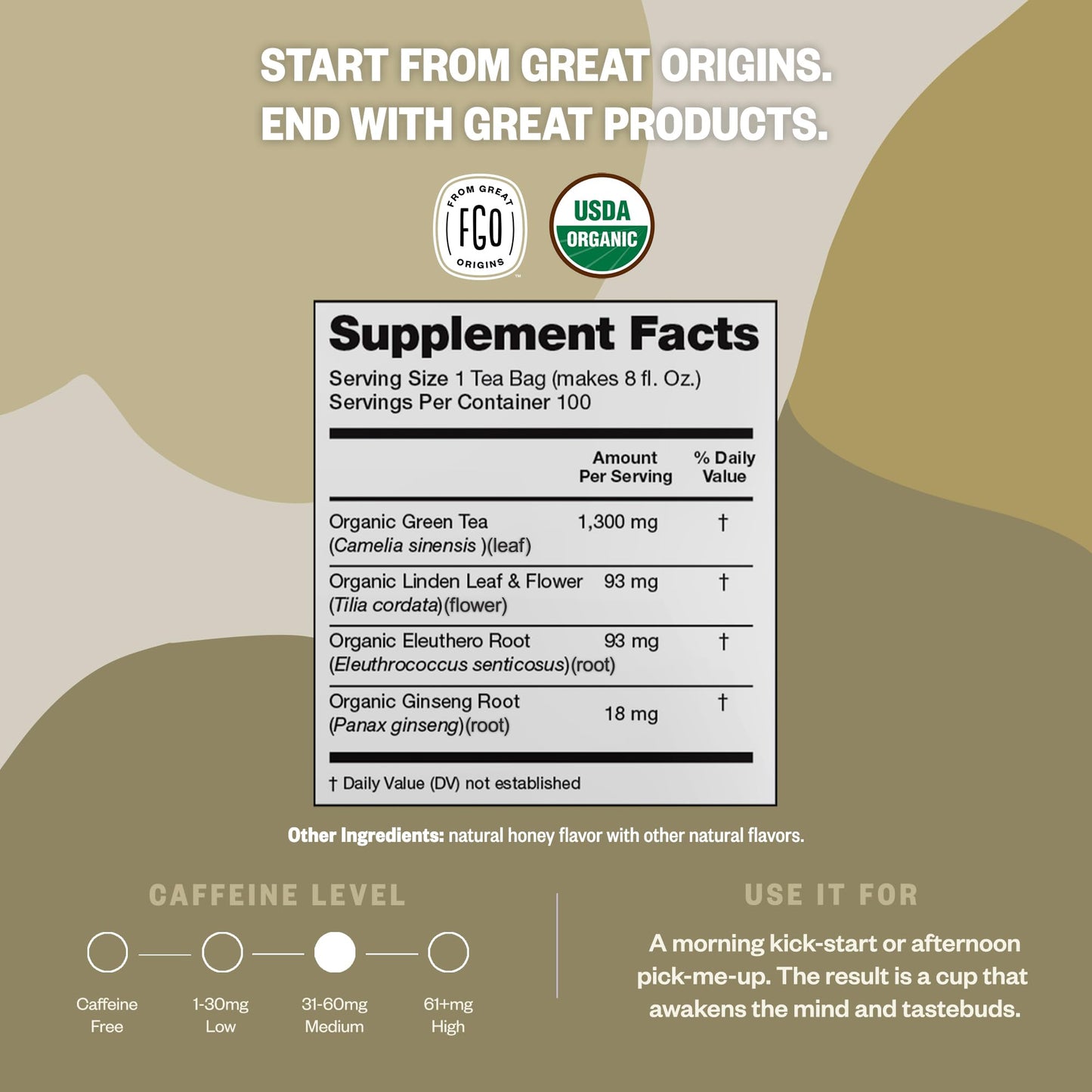 Fgo Organic Honey Ginseng Green Tea, 100 Count, Eco-Conscious Tea Bags, Resealable Bag, Packaging May Vary (Pack Of 1)