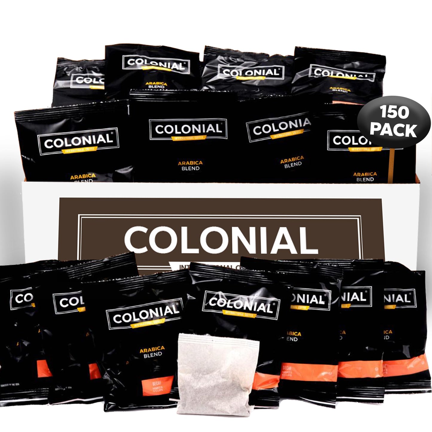 COLONIAL INTERNATIONAL COFFEE Decaf Ground Coffee Filter Packs, Dark Roast, 0.5 Ounce (Pack of 150)