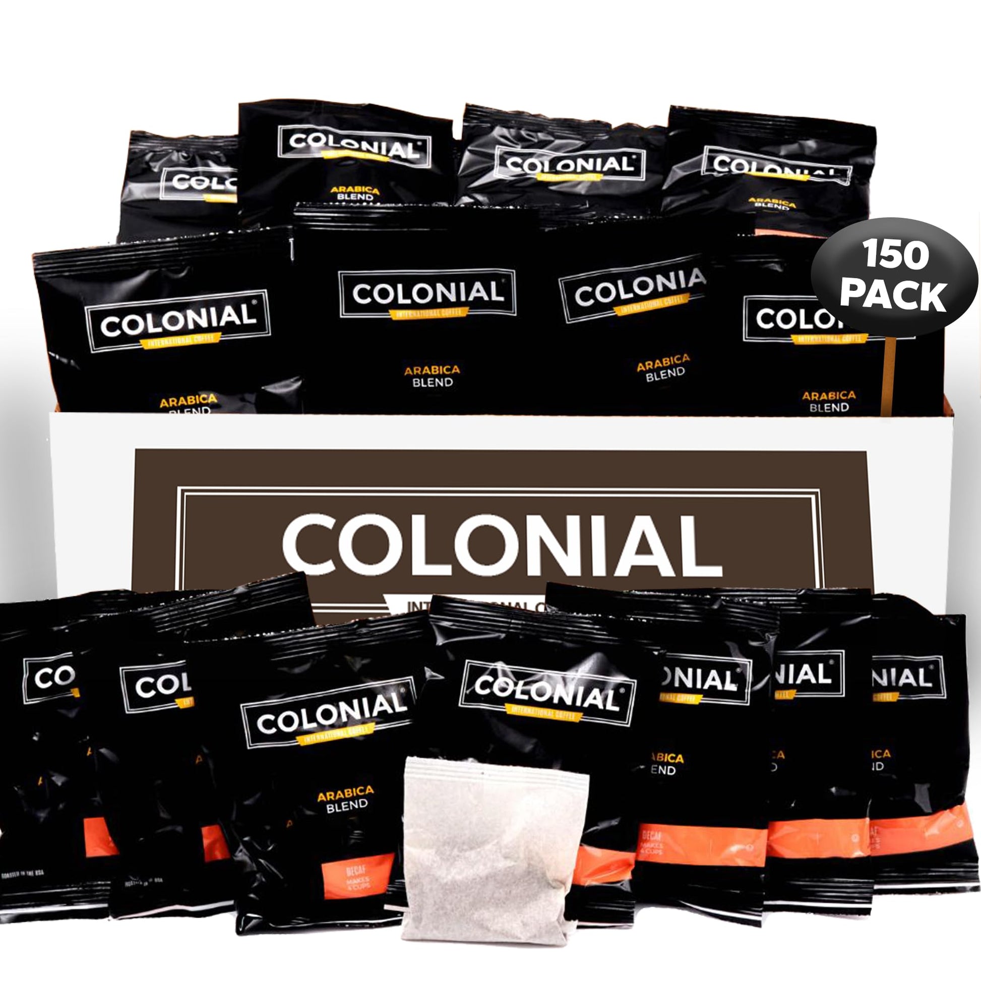 COLONIAL INTERNATIONAL COFFEE Decaf Ground Coffee Filter Packs, Dark Roast, 0.5 Ounce (Pack of 150)