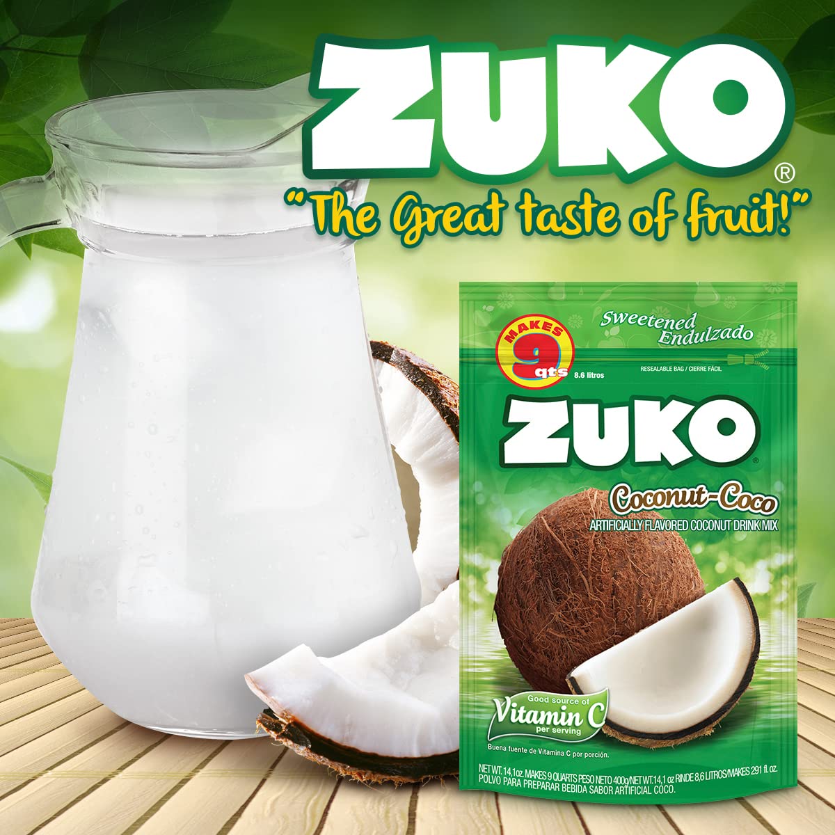 Zuko Coconut Instant Powder Drink | Family Pack | No Sugar Needed | Vitamin C | 14.1 Ounce (Pack of 6)